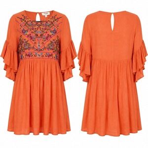 Umgee Embroidered Boho Babydoll Dress Sz S Gauzy Beachy Burnt Orange